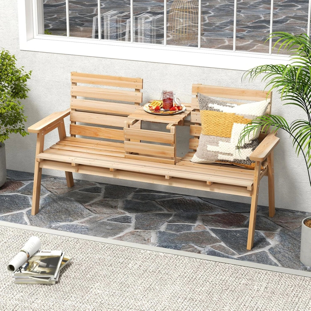 Panchina da Giardino in Legno, Panca Abete 2 o 3 Posti, 160 x 64 x 86 cm, Tavolino Convertibile in Seduta, Panca per Veranda, con Schienale, Braccioli, Portata 300 kg (Naturale)