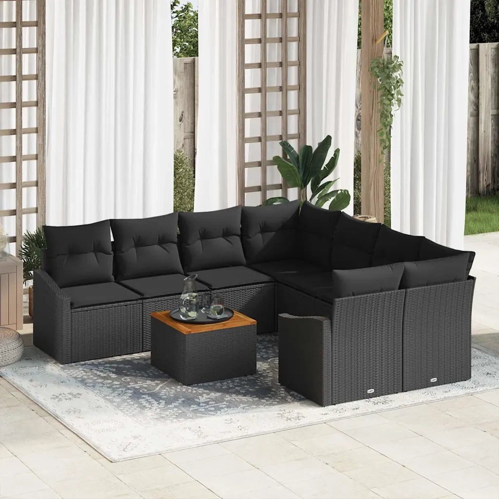 Set Divano da Giardino con archiviazione 9 pcs Nero polyrattan