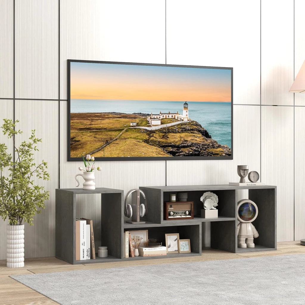 Mobile TV Combinato con Ripiani Aperti, Mobile per TV 2 Pezzi in MDF 50-60 Pollici, Mobile TV in Legno per Soggiorno Camera e Ufficio, 110-134,5 X 30 X 43 CM (Grigio)