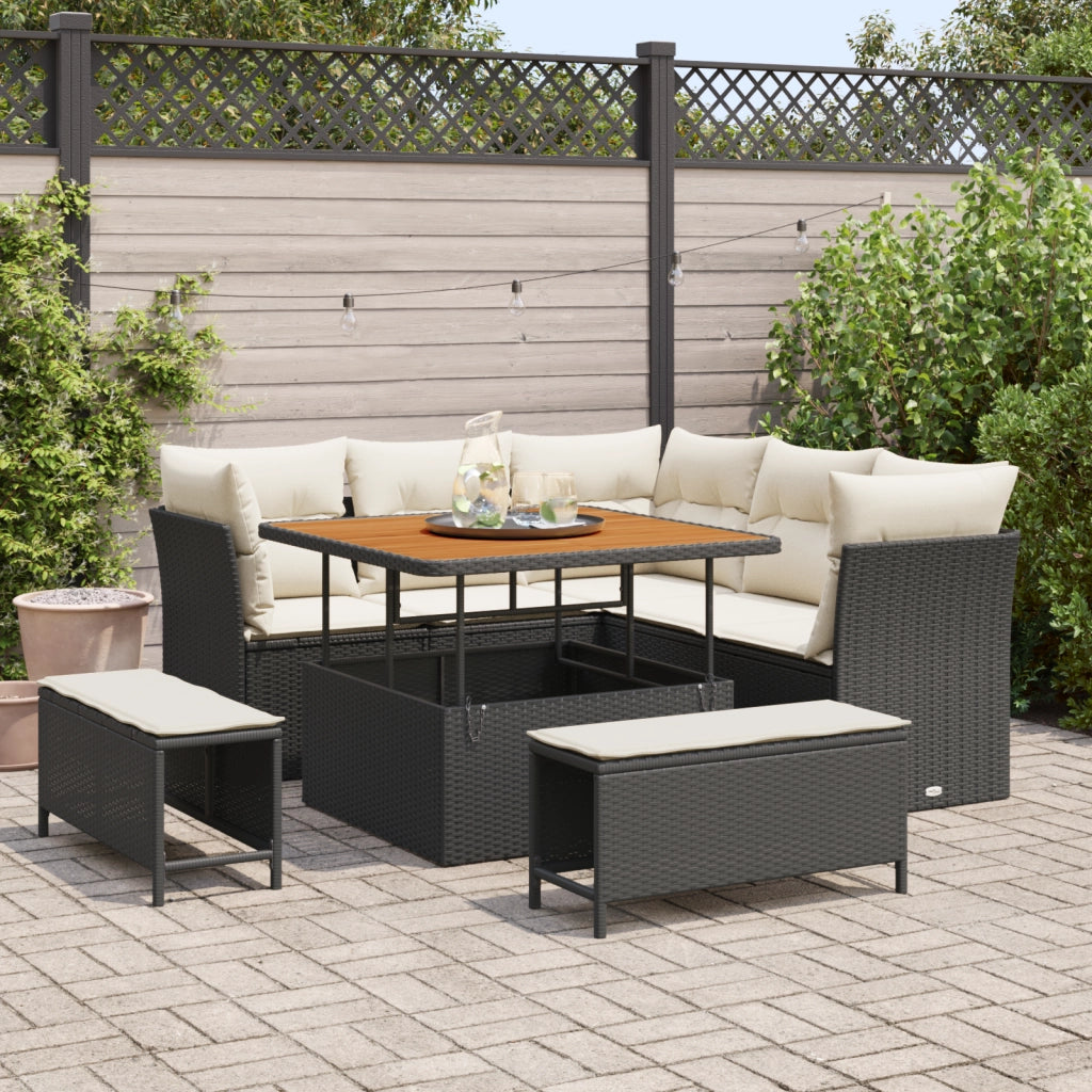 Set Divano da Giardino da 8 Pezzi con Cuscini Nero Polyrattan Acacia