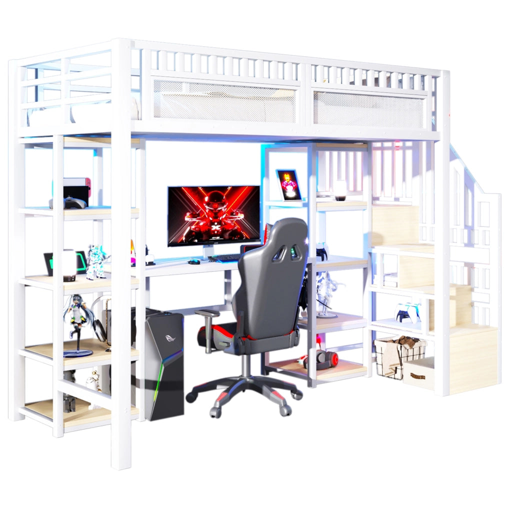 Letto a castello 90x200 cm in metallo e MDF con scrivania; ripiani; LED e USB; bianco