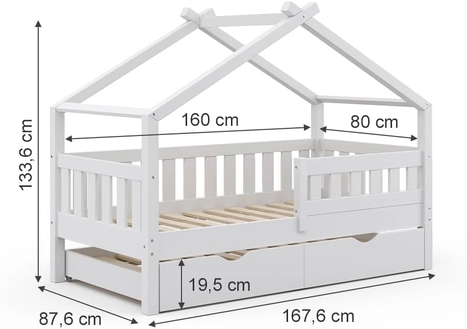 Letto montessori bambini Design, Bianco, 80x160 cm con letto per ospiti, adatto come area giochi e zona notte per bambini