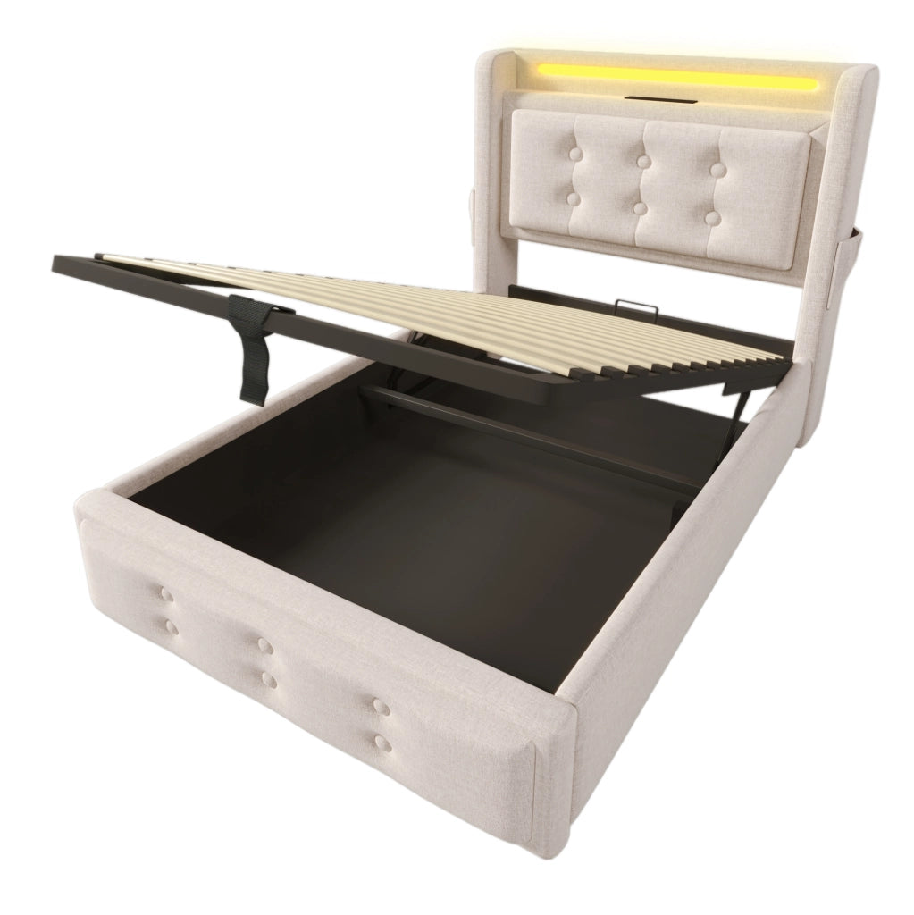 Letto contenitore 90x200 con testiera LED e prese USB; cotone lino beige