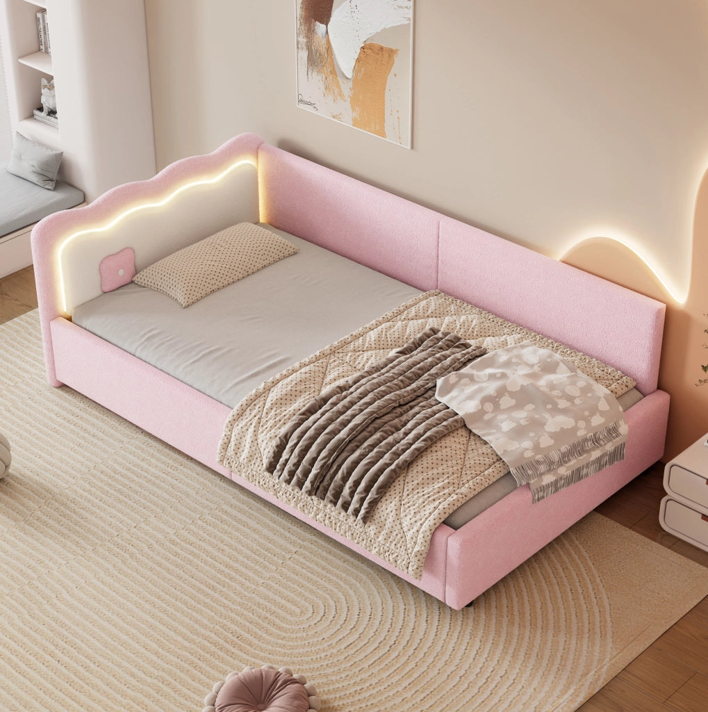 Divano letto rosa 90 x 200 cm con illuminazione LED e struttura in MDF