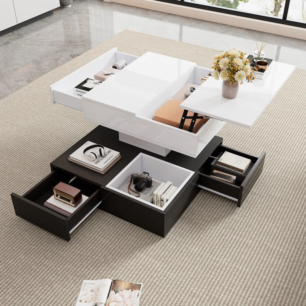 TAVOLO DA SALOTTO 70x70x40/55 cm Bianco Nero girevole 360° con 3 cassetti