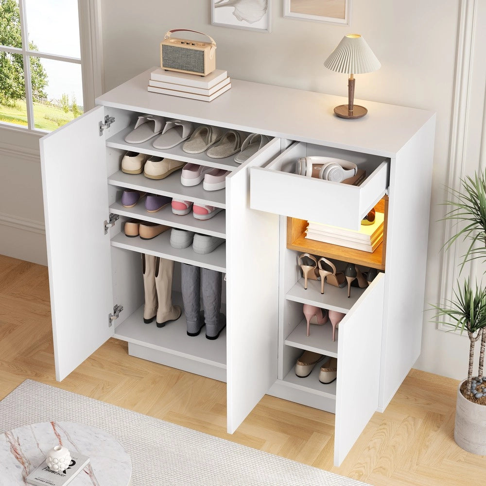Scarpiera con Cassetto e Ripiani Regolabili ¨C MINIMAL ¨C Bianco/Legno Naturale