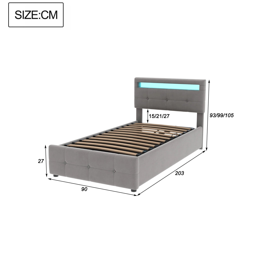 Letto imbottito singolo 90x200 cm con LED; contenitore idraulico e testiera regolabile; velluto grigio