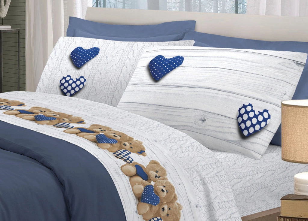 Completo Lenzuola Linea Pensieri Delicati 100% Cotone Disegno New Orsetti - Singolo - Blu