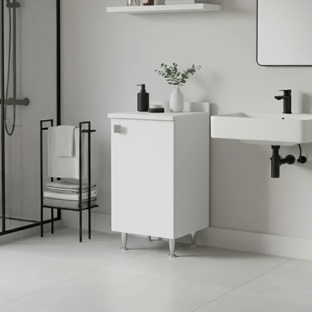 Mobiletto con Alzatina Bianco | Mobile Multiuso con Piedini in Metallo e Ripiano Regolabile | Già Assemblato per Bagno, Lavanderia, Cucina e Ingresso
