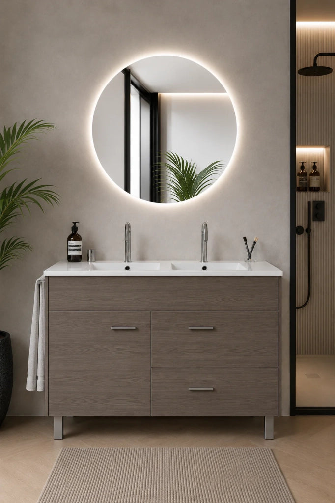 Mobile bagno con lavabo ORIGENBATH SAMOS senza specchio 120x45 cm doppio lavabo rovere smoky