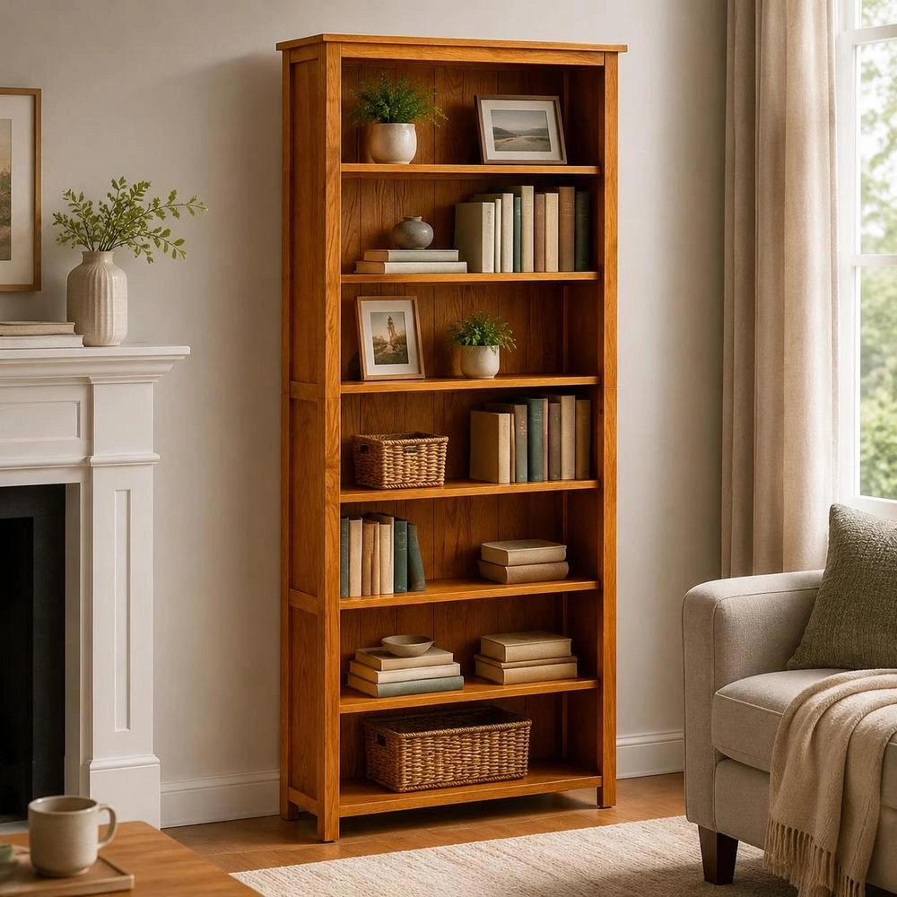 Bookshelf With 7 Compartments, 90x22.5x200 Cm, Solid Oak Wood