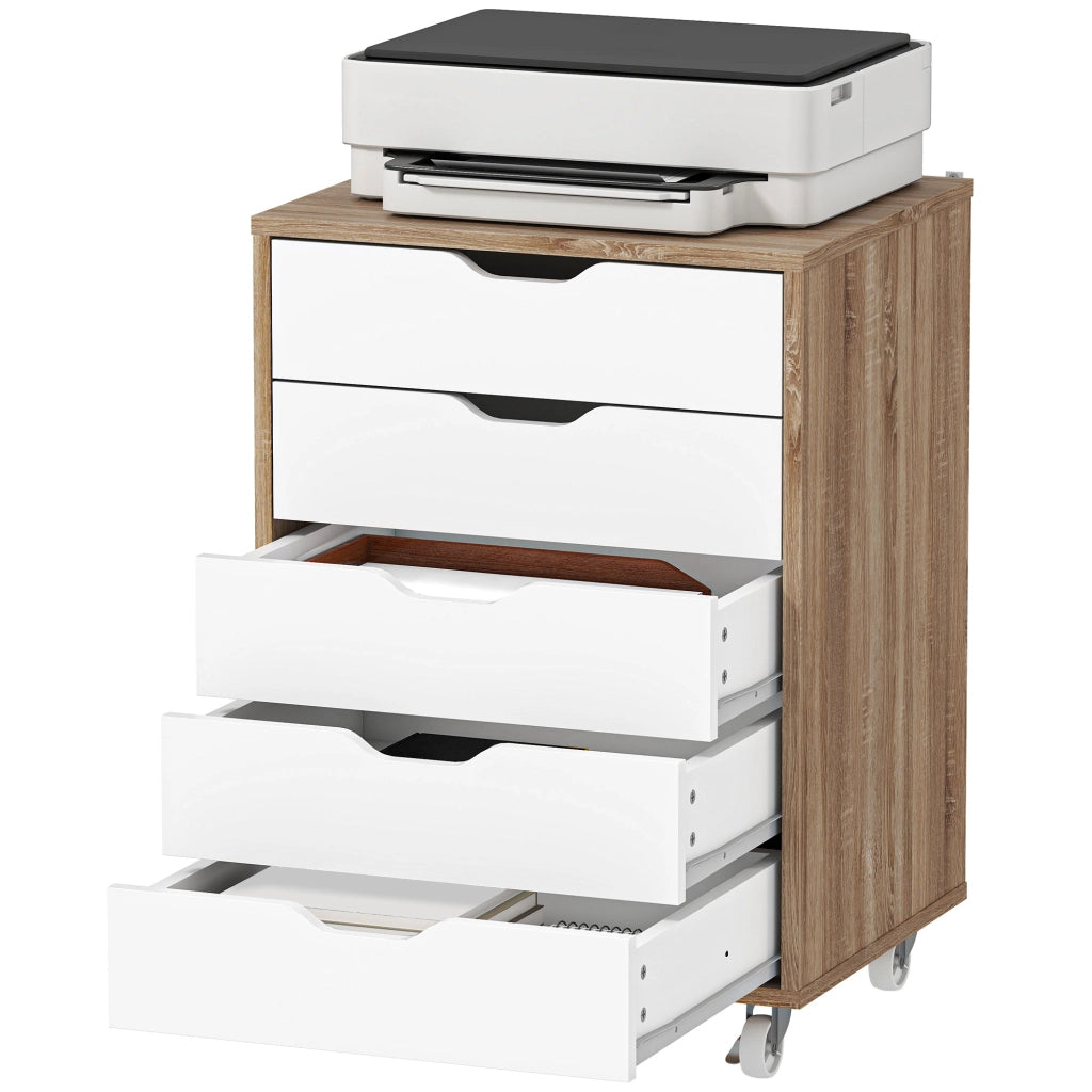 Scrivania con cassettiera mobile ¨C zephmum ¨C 5 cassetti, bianco e rovere, 47.5x39.5x67.5 cm