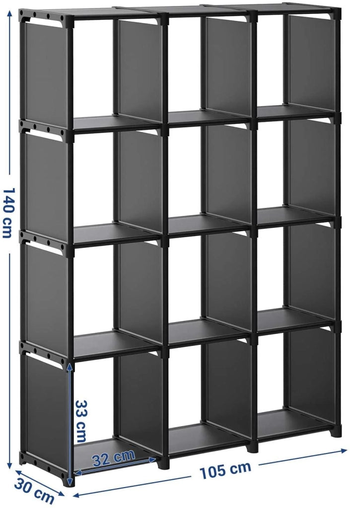 Libreria a cubo portaoggetti con 12 armadietti armadio modulare ripiano portaoggetti in soggiorno in camera da letto bagno 105 x 30 x 140 cm mazzuolo in gomma in dotazione nero 12_0000483