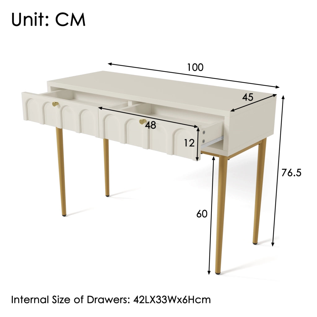 Toeletta con 2 cassetti 100x45x76;5 cm in truciolare e metallo; crema