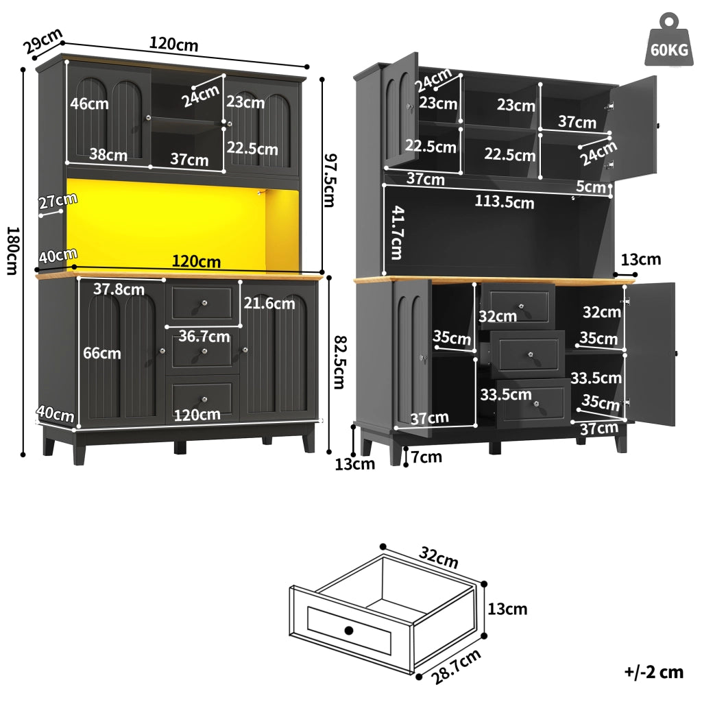 Credenza Alta da Cucina con 4 Ante; 3 Cassetti; LED e USB; per Cucina o Soggiorno; in MDF; Nero; 120 x 40 x 180 cm