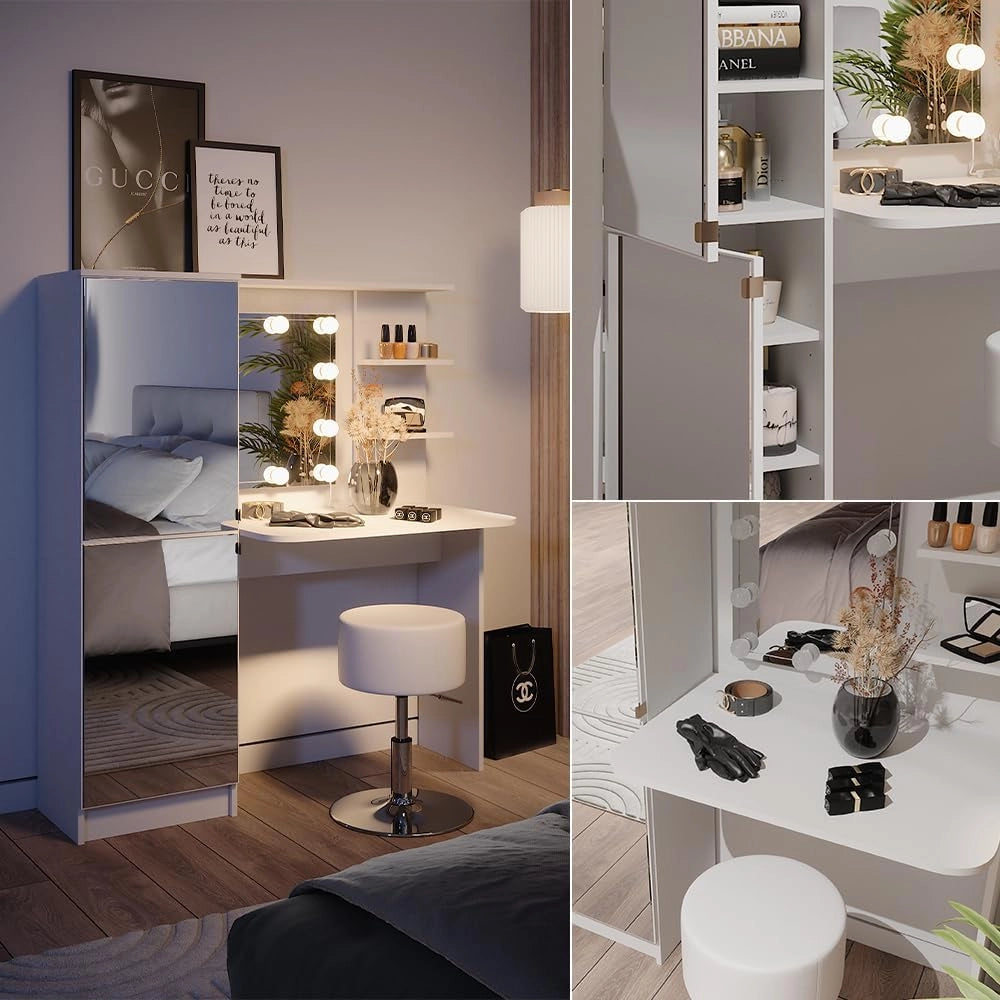 Tavolo da toeletta, Bianco, 123 cm con illuminazione LED e sgabello, Soluzione di conservazione per tutti i prodotti di bellezza