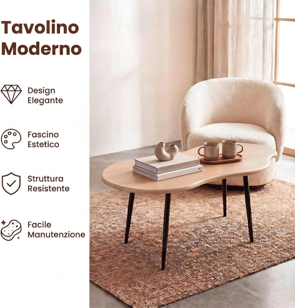Tavolino da Salotto, Tavolino Laterale Irregolare a Forma di Nuvola, Tavolino da Soggiorno con Gambe in Metallo, Tavolino da Caffè Moderno per Soggiorno, Camera da Letto (Naturale)