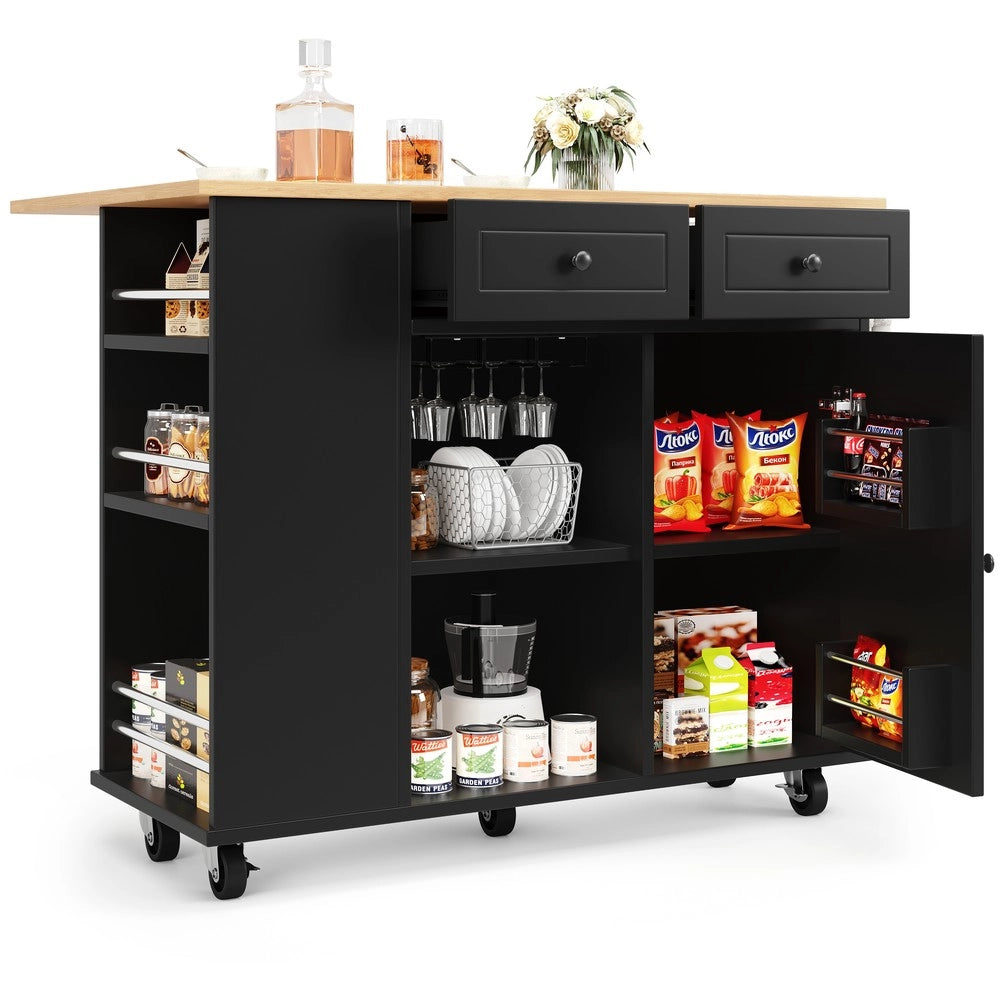 Isola Cucina con Ripiani e Portabottiglie ¨C Xylo ¨C Nero, Piano in Legno