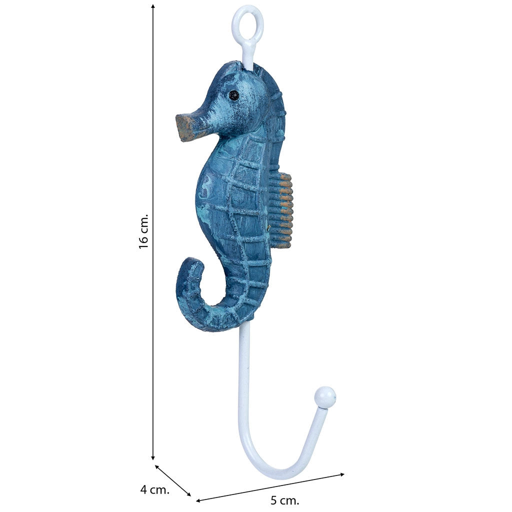 Percha de pared caballo de mar de madera azul 5x4x16h cm