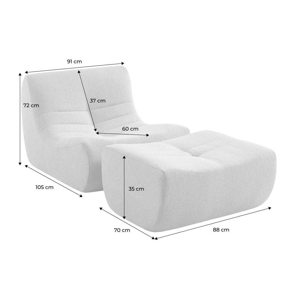Poltrona bouclé testurizzata con poggiapiedi, 1 posto, bianco