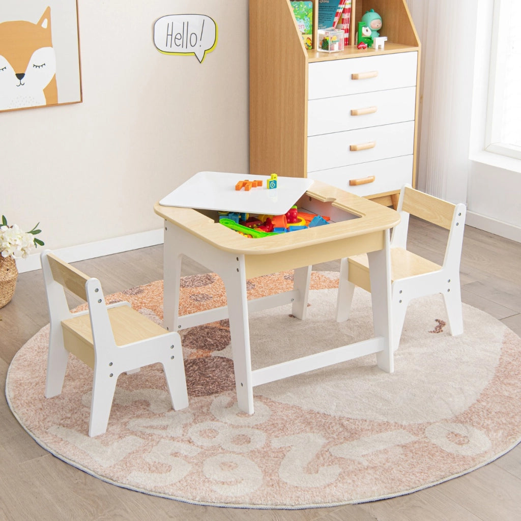 Set tavolo e sedie per bambini con piano lavagna reversibile vano nascosto, Tavolo e 2 sedie ergonomiche Naturale-Tavoli e sedie