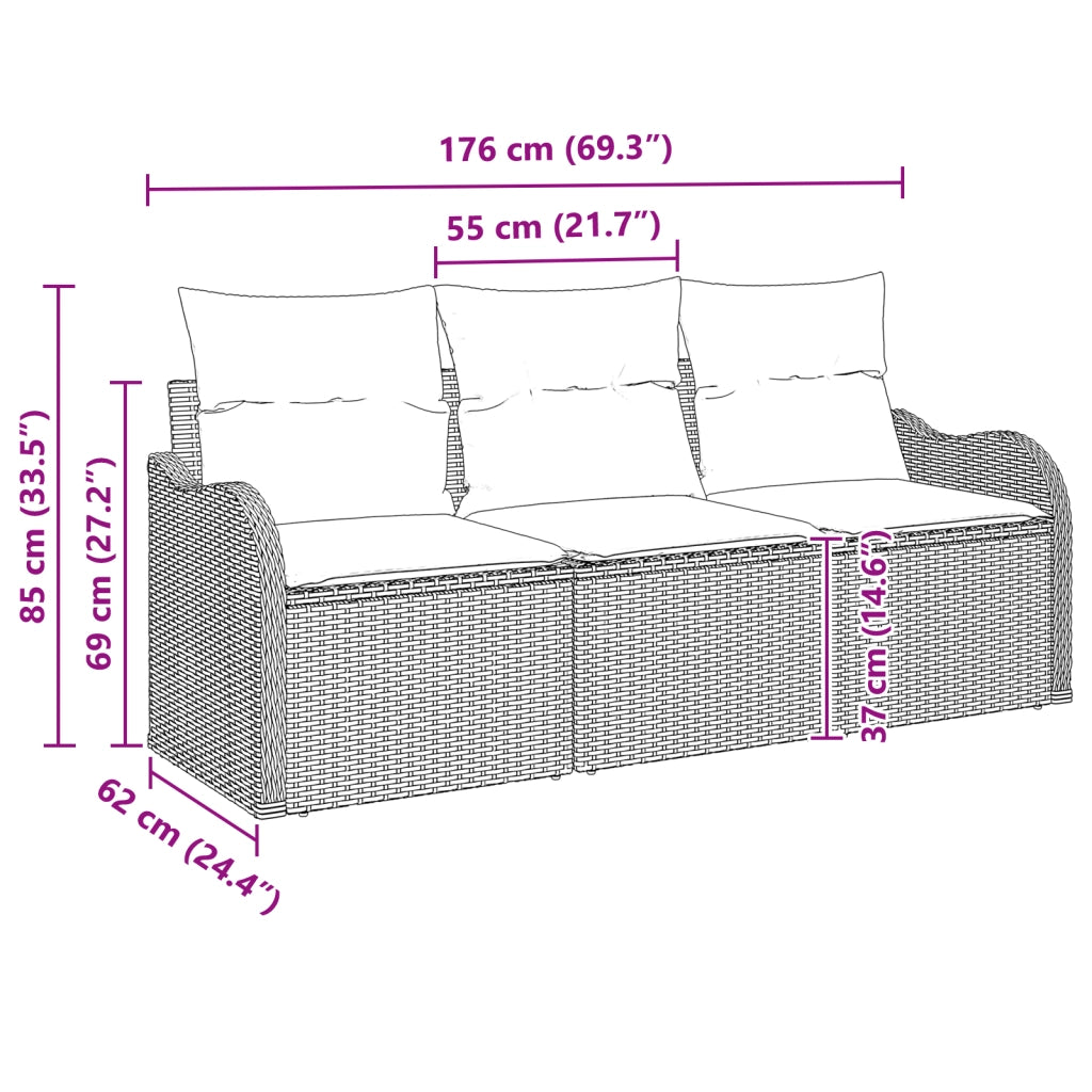 Set Divano da Giardino a 3 Pezzi con Cuscini Marrone in Polyrattan