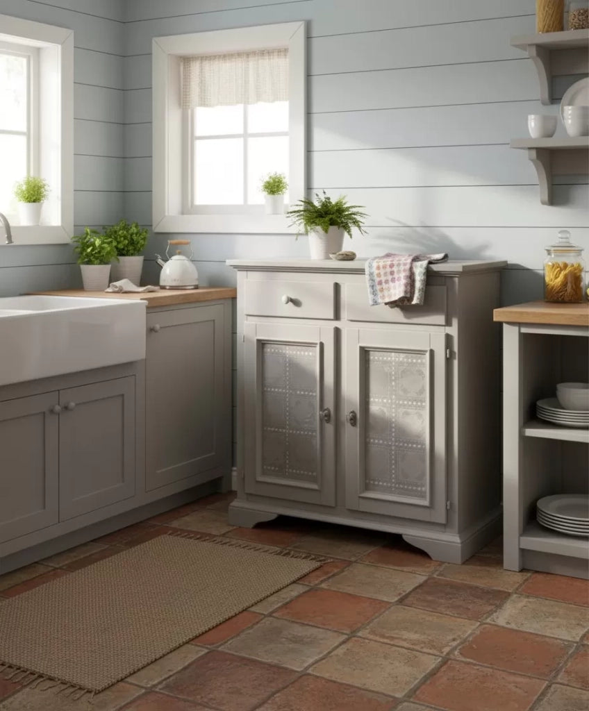 Credenza 2 ante 2 cassetti shabby legno massello tortora decorata 90x40x94 - Mobili 2G