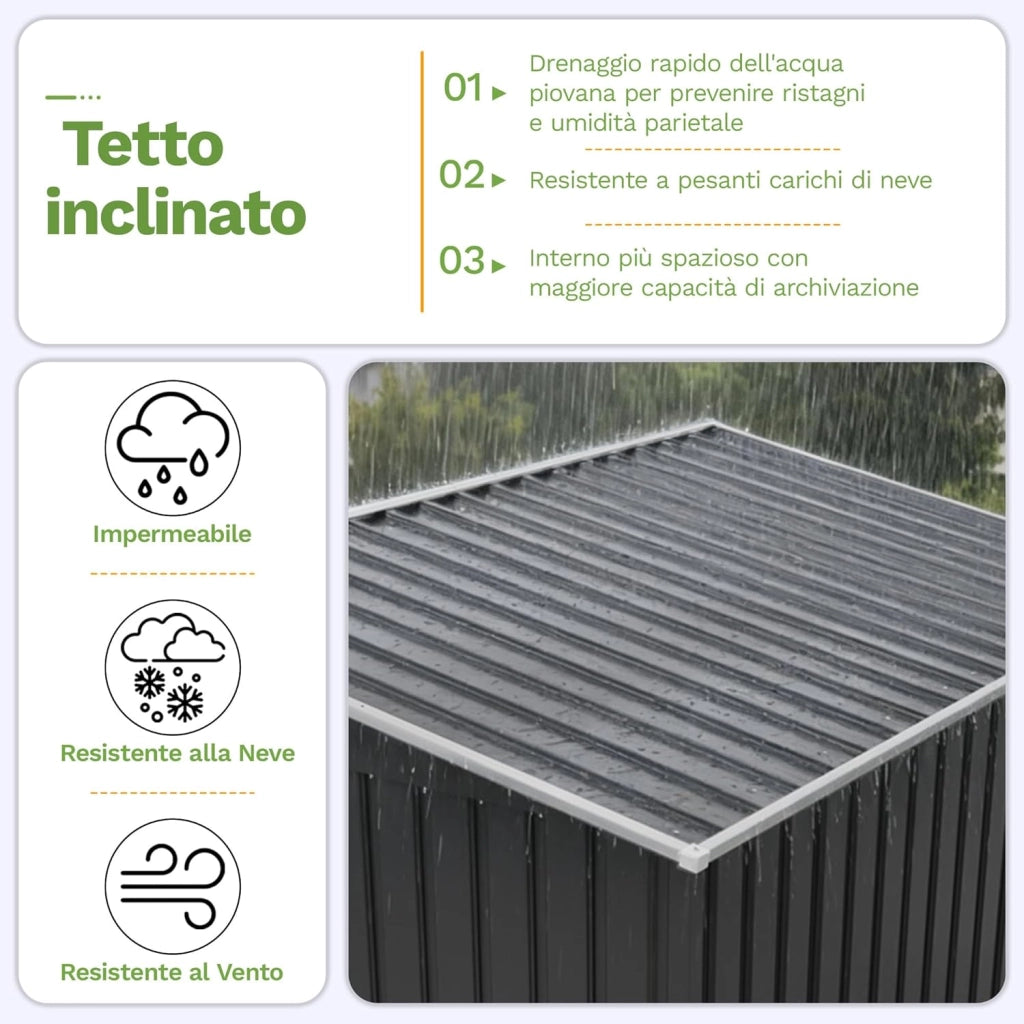Capanno per attrezzi Devoko in metallo 183x109x182 cm con basamento, capanno da 3,6 m³ con tetto a una falda e porta scorrevole, capanno da giardino per biciclette, terrazza, prato, antracite