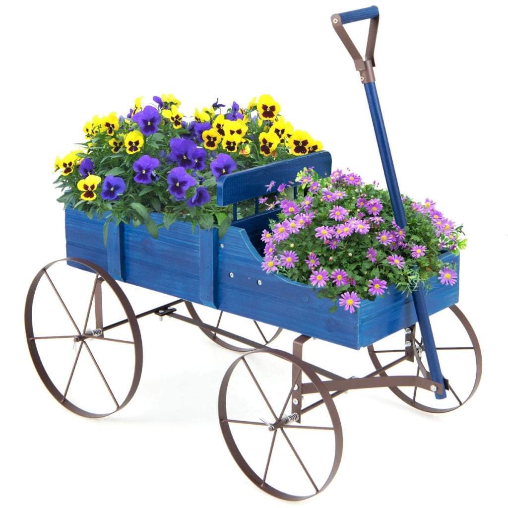 Carrettino di legno fioriera con ruote e 2 sezioni per piante, Porta piante da esterno per giardino Blu-Fioriere