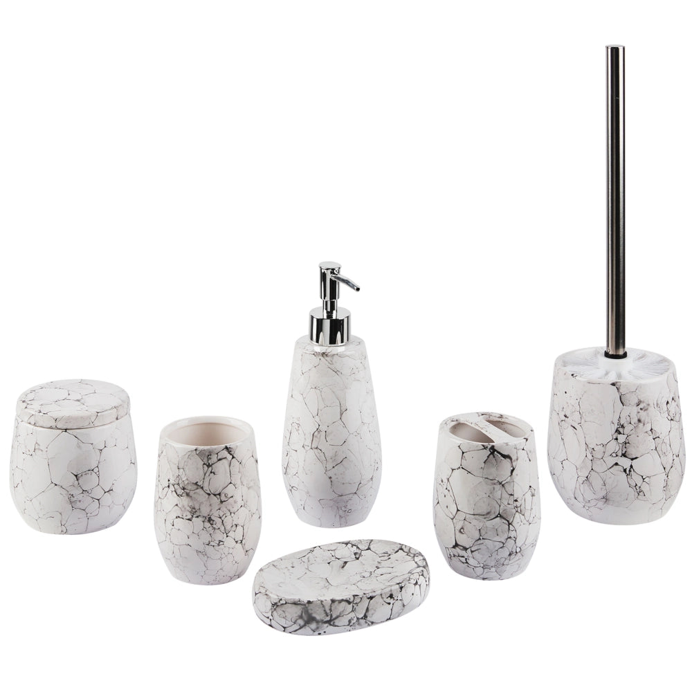 Set di 6 Accessori Bagno in Ceramica bianca dispenser sapone porta sapone bicchiere portaspazzolini contenitore scopino bagno