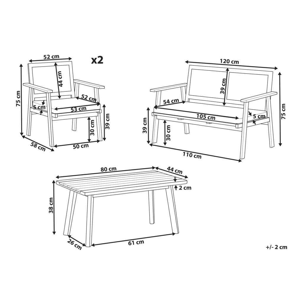 Set di divani da giardino in legno di acacia certificato chiaro Cuscini beige chiaro 4 posti Design moderno Set di conversazione per esterni