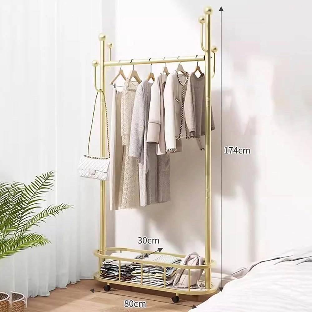 Appendiabiti in Metallo con Ganci e Solido Cestino portaoggetti, Moderno Design Industriale, Appendiabiti su Ruote per Camera da Letto o Ingresso, Disponibile in Altezza 60/80/100 cm
