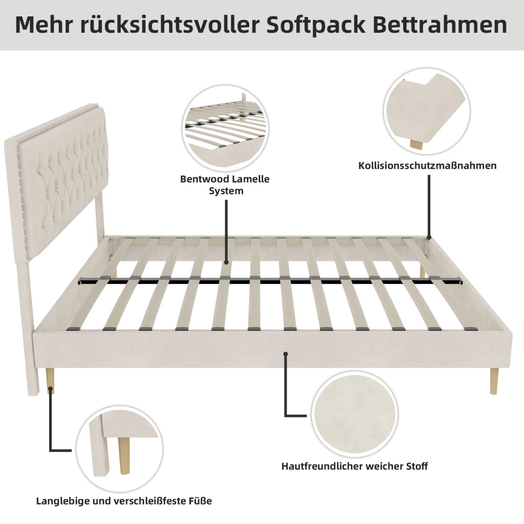 Letto Basso 160 x 200 cm - Testiera Alta Imbottita e Spazio Sottoletto - Beige