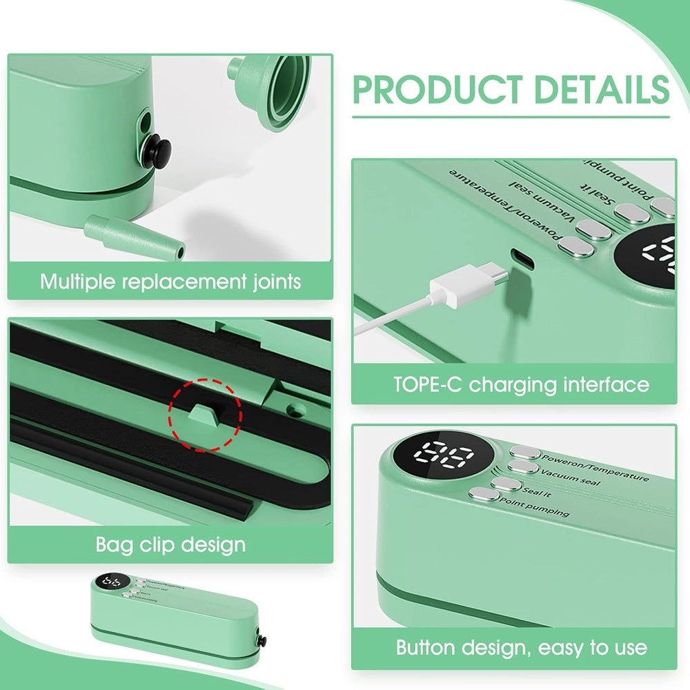 Trade Shop - Mini Sigillatore Per Sottovuoto 7in1 Portatile 3 Velocità Ricaricabile Con 5 Sacchetti -