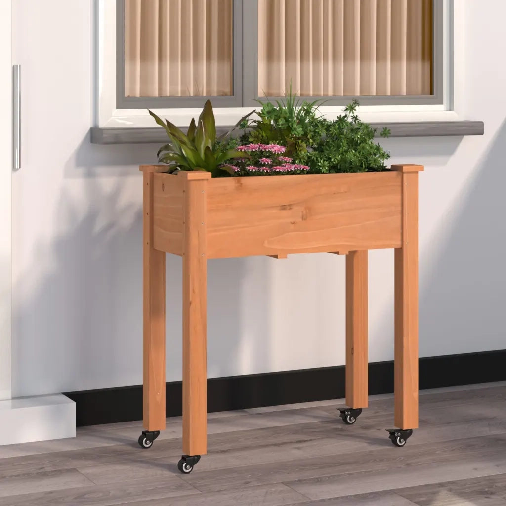 Fioriera | Cassetta per fiori | Vaso Ruote e Fodera Marrone 71x37x80cm Legno Massello Abete