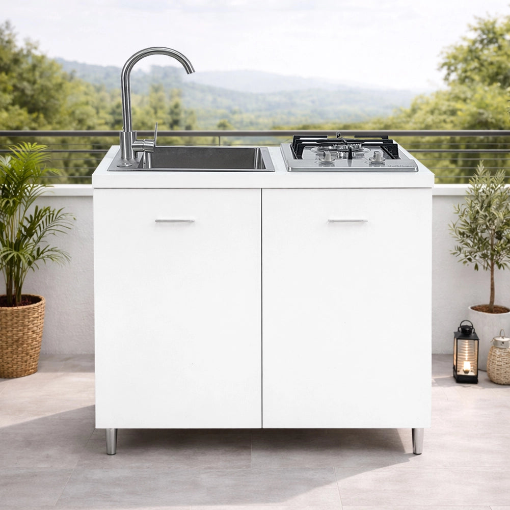 Cucina Completa 80x60cm Bianco Piano Cottura 2 Fuochi Lavello con Rubinetteria