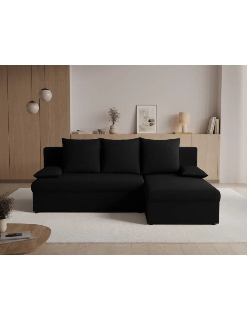 Divano ad angolo Nero 3 posti chaise longue universale 206x90x146cm GINA