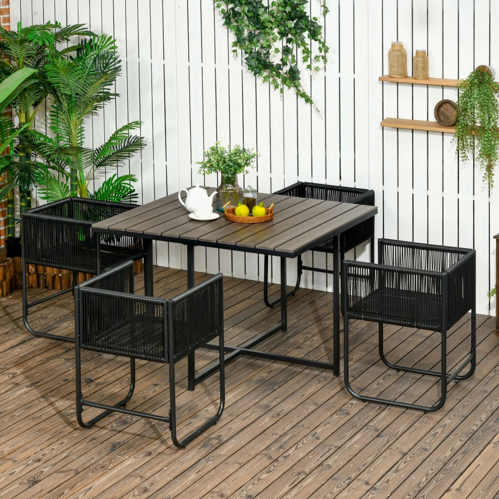 Set da giardino 5 pezzi in polyrattan grigio con tavolo quadrato e sedie imbottite
