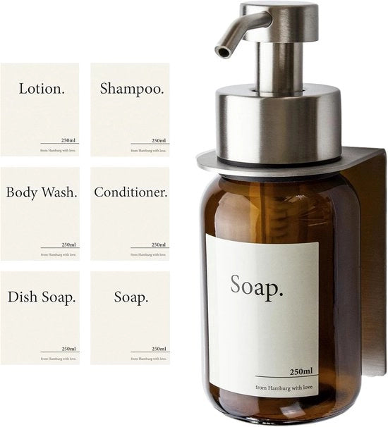 Dispensatore di sapone in vetro - Pomp in acciaio inossidabile - 250 ml - Vetro argentato/marrone