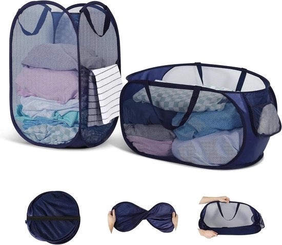 Cestino da Lavanderia da Appendere - Pacchetto di 2 Cestini in Rete Pieghevoli con Maniglie Rinforzate per Camera dei Bambini, Campeggio, Dormitorio Universitario e Viaggio (Blu Marina)