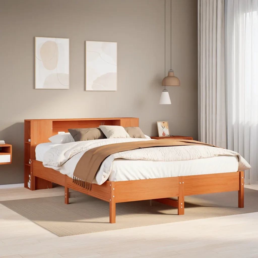 Letto matrimoniale | Letto per adulti | Letto Libreria senza Materasso Marrone Cera 140x190 cm in Pino