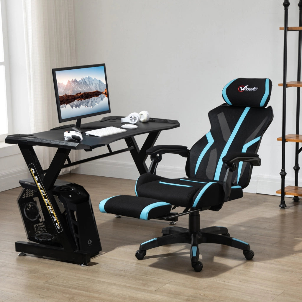 Sedia da Gaming con Poggiapiedi Retrattile ¨C zephmum ¨C Nero e Blu, 65x65x119-129 cm