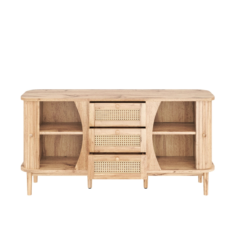 Credenza con 2 Ante Scorrevoli; 3 Cassetti in Rattan; Ripiani Regolabili; Piano Arrotondato; Stile Naturale; 140;5??40??76 cm