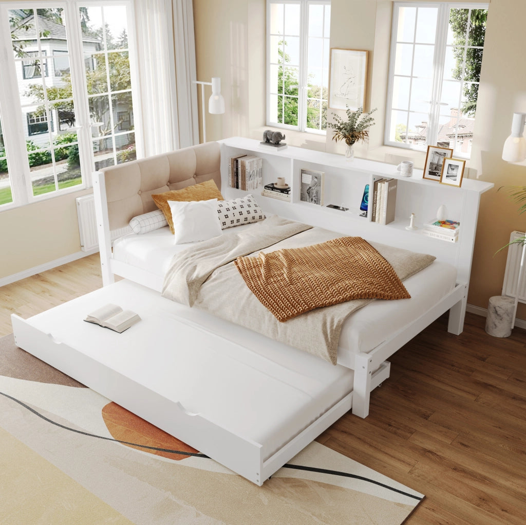 Letto singolo 90x200 cm con letto estraibile; LED dimmerabile; USB e scaffale; bianco