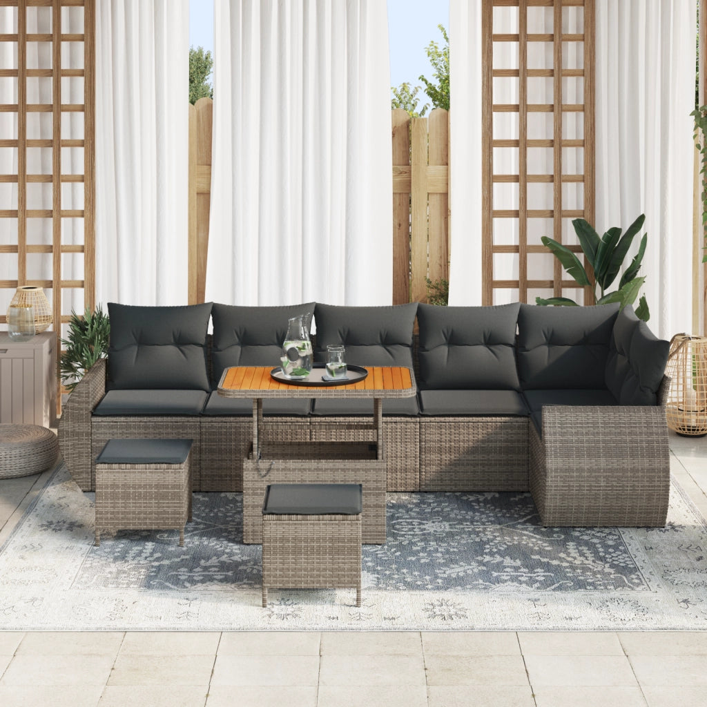 Set divano da giardino 9 pezzi con cuscini grigi in polyrattan e legno d'acacia