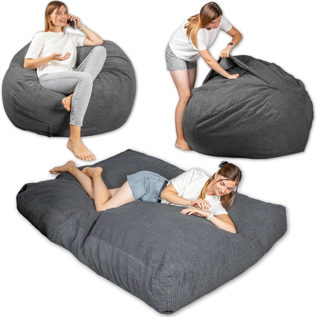 Pouf Poltrona Sacco Convertibile en Materasso/Futon Singolo Pieghevole 135x185 cm - Morbido, Tessuto di Velluto a Coste Larghe - Confortevole, Imbottitura in Schiuma (Blu Notte)