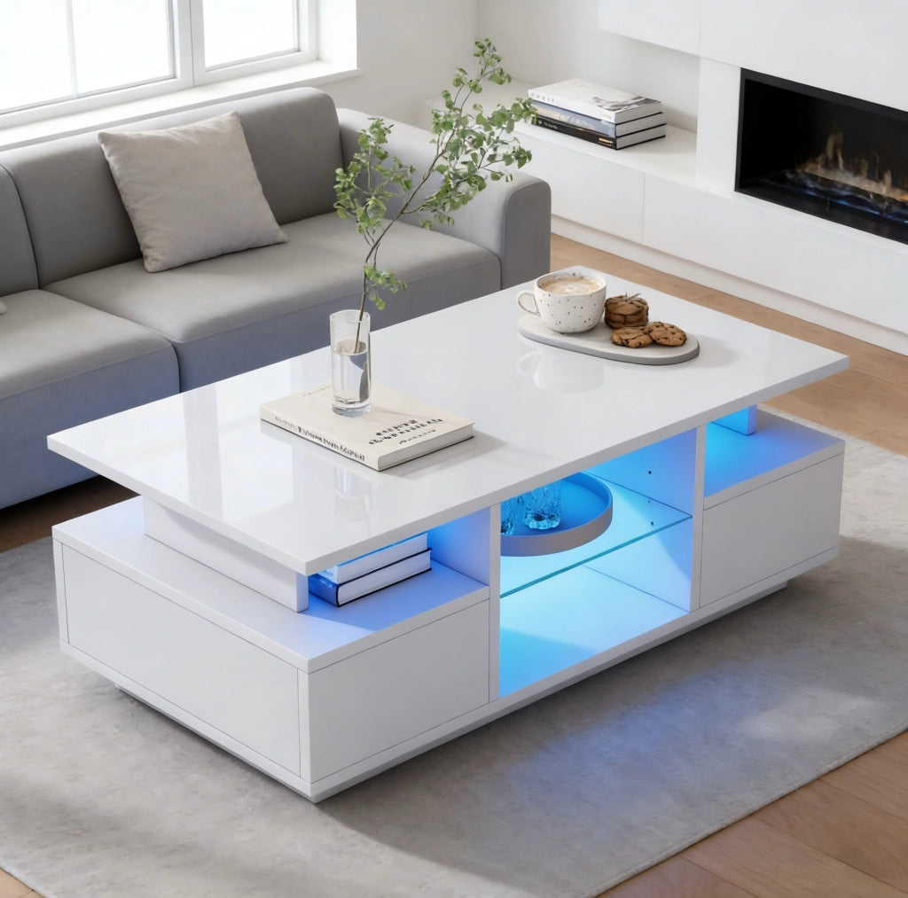 Tavolino da salotto 100 x 50 x 36 cm con 2 cassetti; LED; ripiani in vetro; bianco lucido