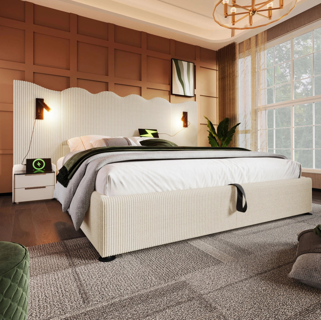 Letto contenitore 180x200 cm con lampada da lettura e USB C; velluto a coste beige