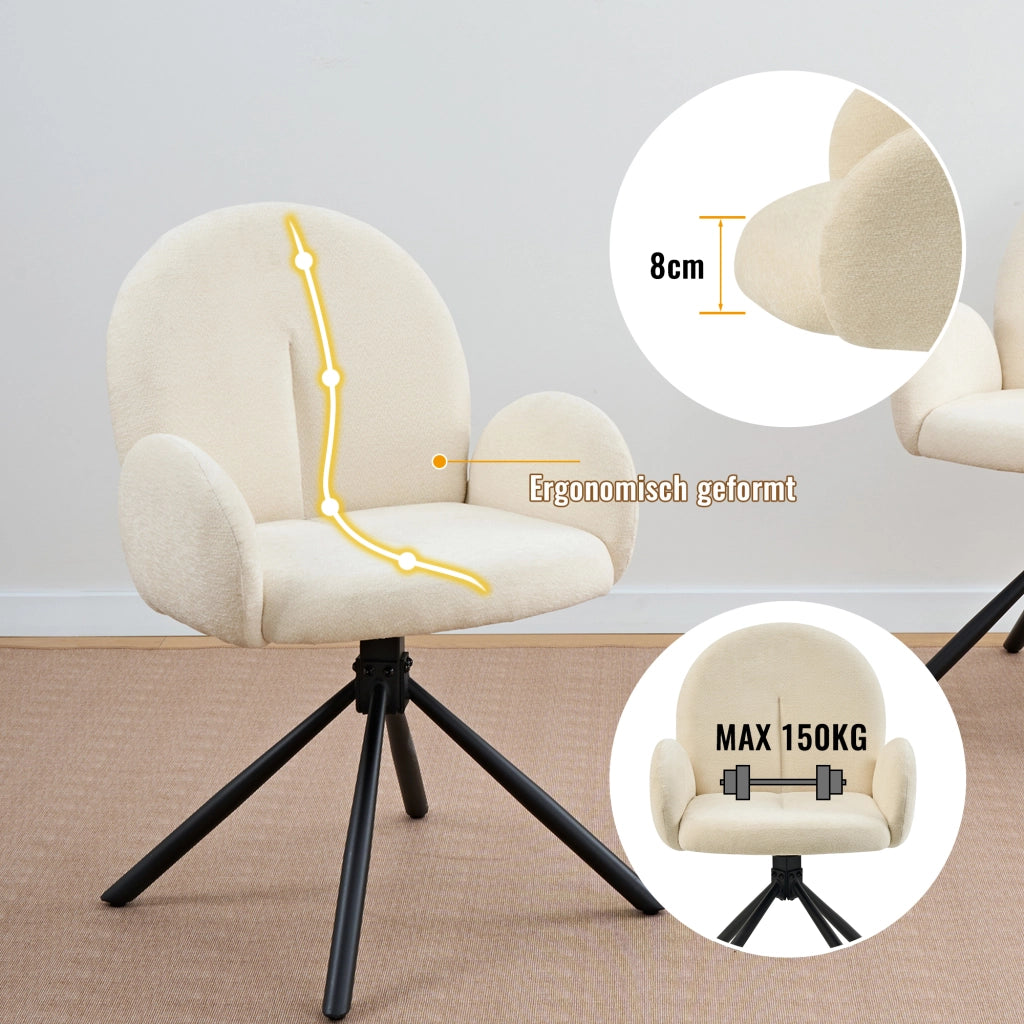 SEDIA Girevole con braccioli Set da 2 pezzi Crema Chenille e metallo