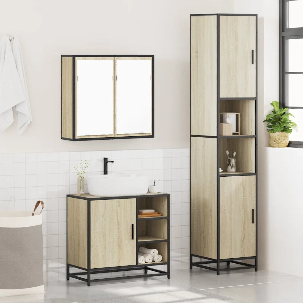 Set Mobili da Bagno 3 pz Rovere Sonoma in Legno Multistrato